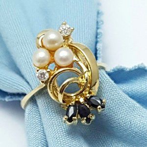Exquisite 14K Karat Solid Yellow Gold Designer Ladies Ring w/CZ's, Onyx & Pearls